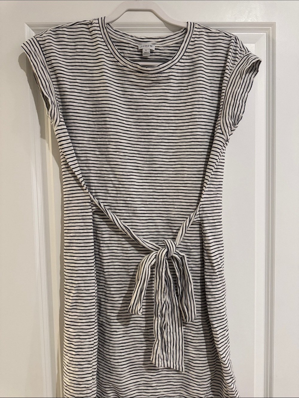 J. Crew Black & White Striped Midi Tie-Waist Dress